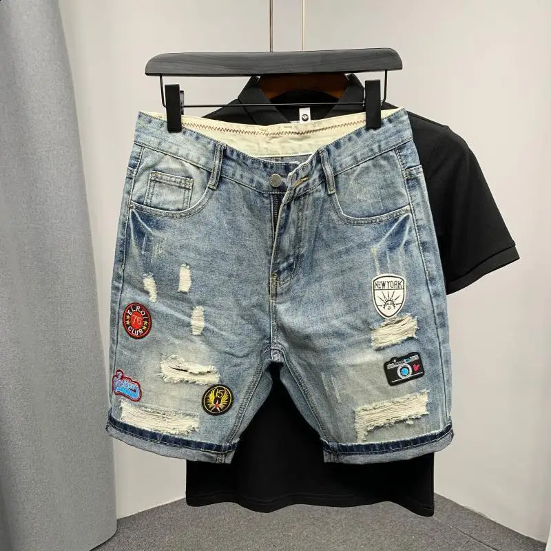 Mens shorts with text pockets graphic original mens denim shorts Distressed Stretch thin buttons summer streetwear 240923