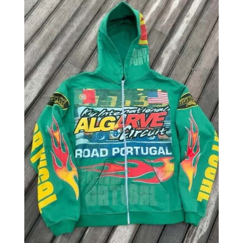 American 2024 European hoodies high street Y2K casual trendy loose and versatile zipper flame letter print super sweatshirt