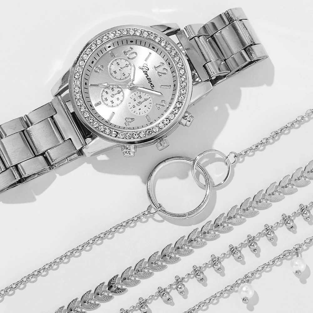 Silver Watch Set Women Fashion 5PCS Round 3 Eyes Quartz Alloy Strap Wristwatch Gift Rhinestone Watch For Women Jewelry SetX2409