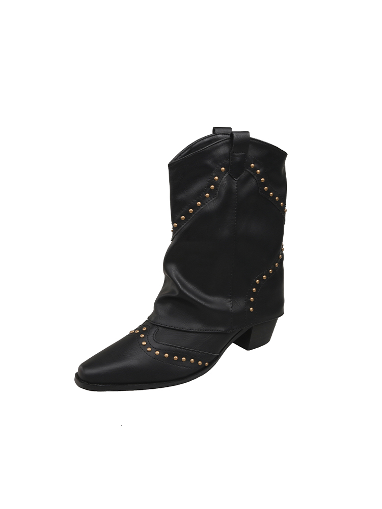 Luxury boot designer Western cowboy thick heeled short for women, 2024 new autumn V-neck knight boots, pointed rivet leg boots