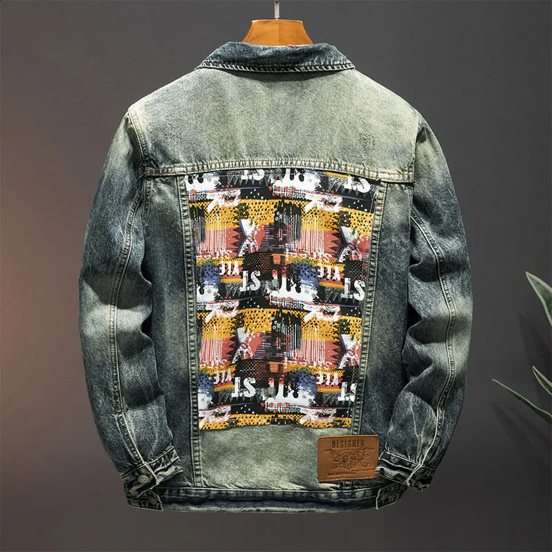 Paste fabric embroidery motorcycle denim jacket mens street retro loose fashion clothing 240921