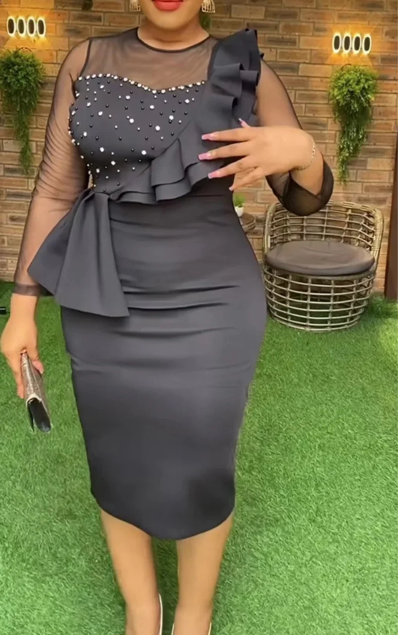 African Wedding Party Dress Spring African Womens Long Sleeve O-Neck Polyester Knee Length Dress Osaka African Womens Dress 240921