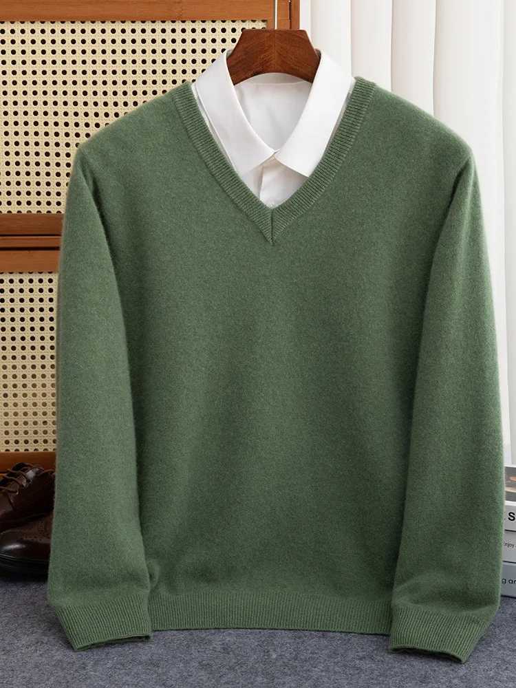 Mens 100% Merino Wool Sweater V-neck Zipper Autumn Winter Cashmere Warm Solid Knitted Fabric X2411261