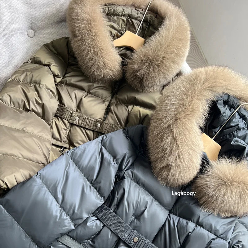 Lagabogy Winter Womens Ultra Light Inflatable Jacket y Real Fox Fur Hooded 90% White Duck Down Warm Thin Parkas 240921