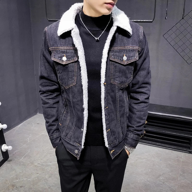 Mens denim winter jacket wool warm highquality mens cotton slim fit classic blue 6XL 240921