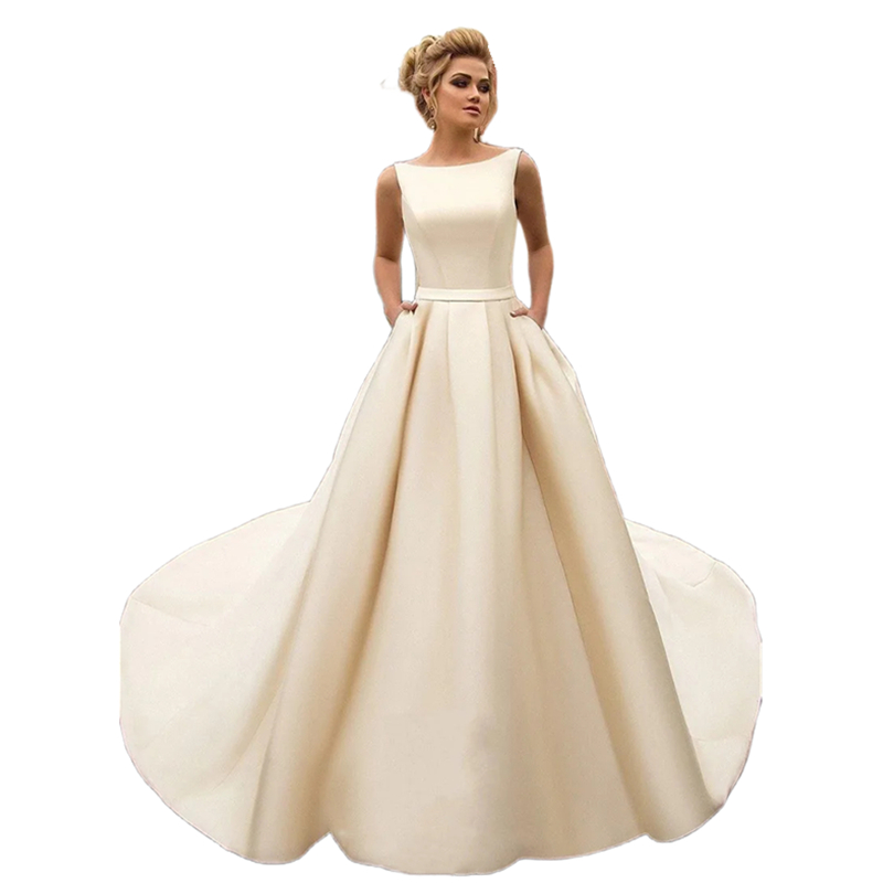 Simple Dark Ivory Satin A Line Wedding Dresses With Pockets 2024 Jewel Neck Backless Long Elegant Garden Bridal Gown