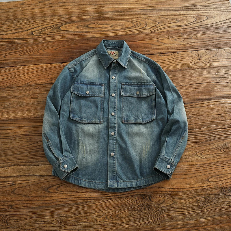 Mens denim jacket autumn loose casual shirt fashionable pocket cargo 240921