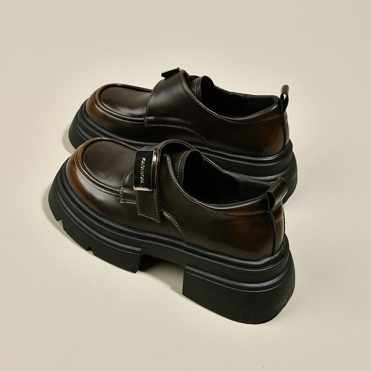 Casual Leather Slip-On Loafers for Women: Vintage Fashion, Height Boost, Black/Brown 1fa8