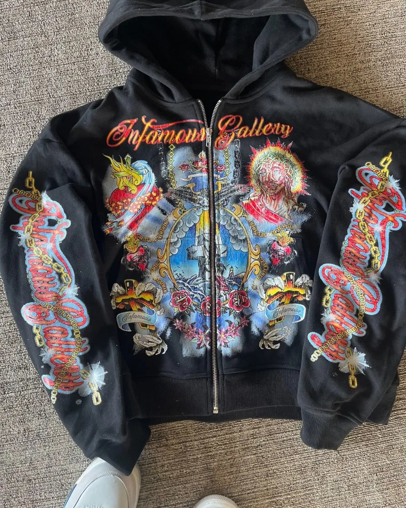 Trend retro loose hoodie Oversized printed personality zipper hoodie Men punk Hip hop Harajuku Streetwear oversized sweatshirt 240911