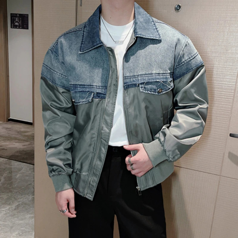 fashion patch work denim jacket mens loose casual baseball lapel streetwear social hiphop Harajuku 240921