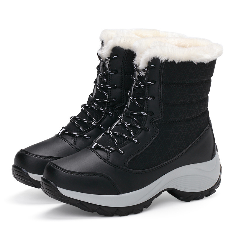 2024Outdoor Snow Women's Winter Warm High Top Leather Waterproof Mid-tube Boots Plus Veet Cotton Shoes