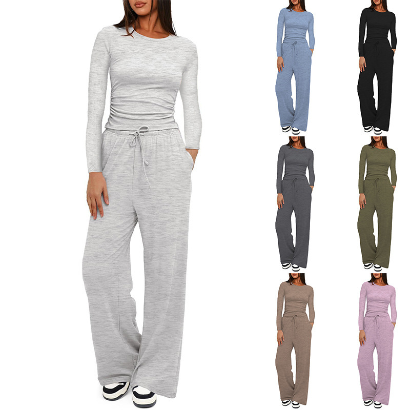 Womens Two Piece Pants Leisure Wear Flare Crop Top Set Autumn Casual Slim Fit 2 Suit Fitting Wide Leg Pant Female Vintage Cotton Lounge