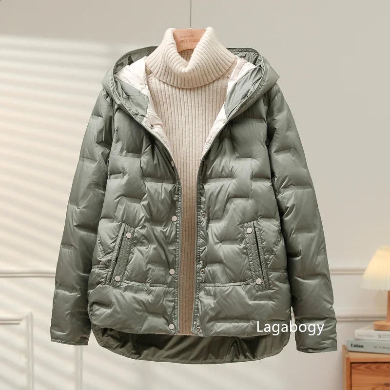 Lagabogy autumn and winter womens white duck down jacket casual single chest hooded lightweight Puffer Parka 240921