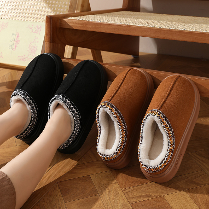 New Autumn Winter Lace Ethnic Style Fashionable For Couples, Indoor And Outdoor Warm Cotton Slippers