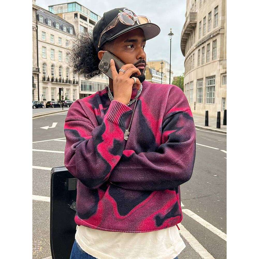 Tie Street Y2k Dye O Neck Knitted Pullover Men's Trendy Contrast Long Sleeve Sweater Jumper 2024 Male Haruku Cashmere Knitwear