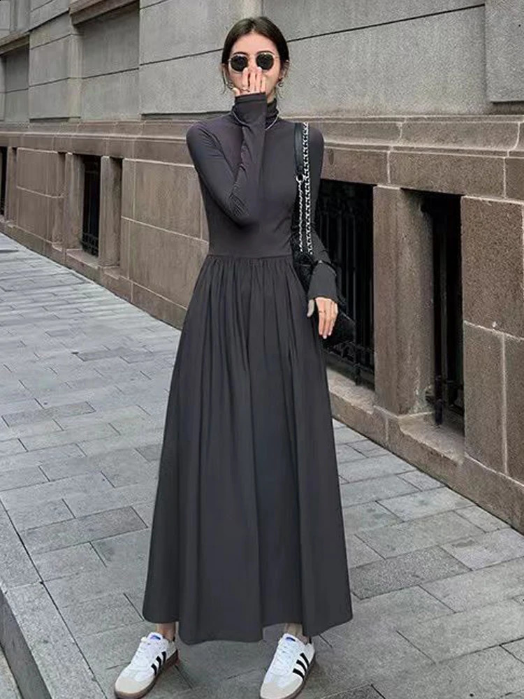Autumn Winter Dress Women Elegant Long Sleeve Dresses Female Korean Fashion High Collar Long Dress Lady Vintage Chic Solid Robe 240913