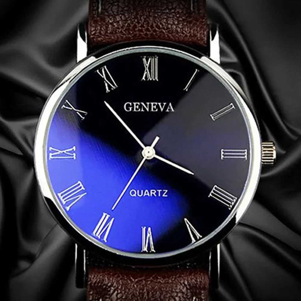 Classic retro Geneva mens watch analog business quartz watch Roman numerals blue light synthetic leather strap W240923