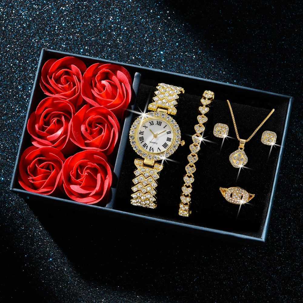 Fashion Luxury Women Gold Watch Bracelet Necklace 6Pcs Set Ladies Diamond Quartz Wristwatch Valentines Day Mothers Day GiftX240923