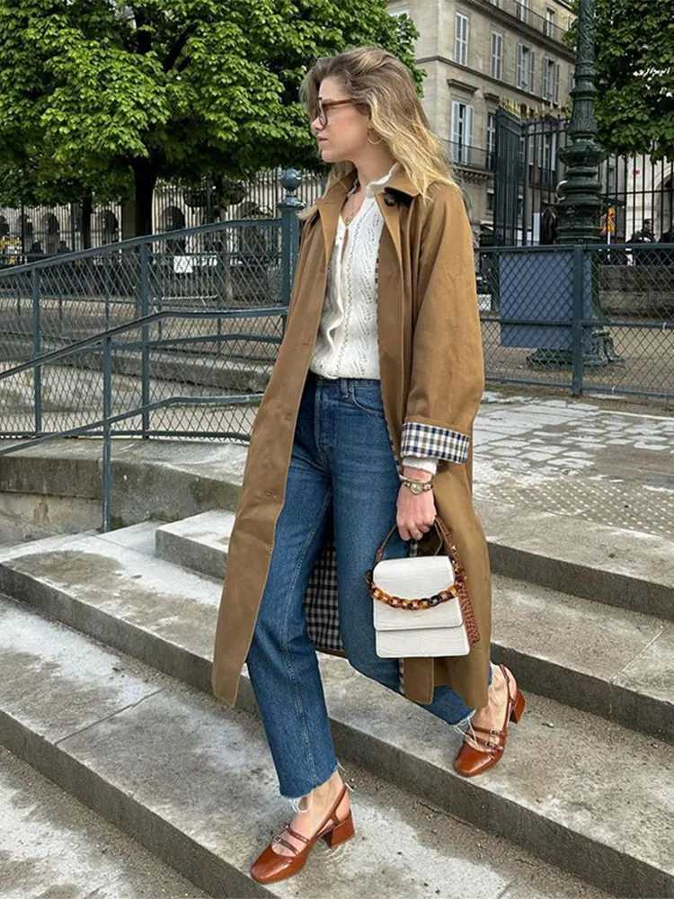 Womens casual khaki plain collar long coat fashionable single corset pocket 2024 autumn womens commuting windproof W240923