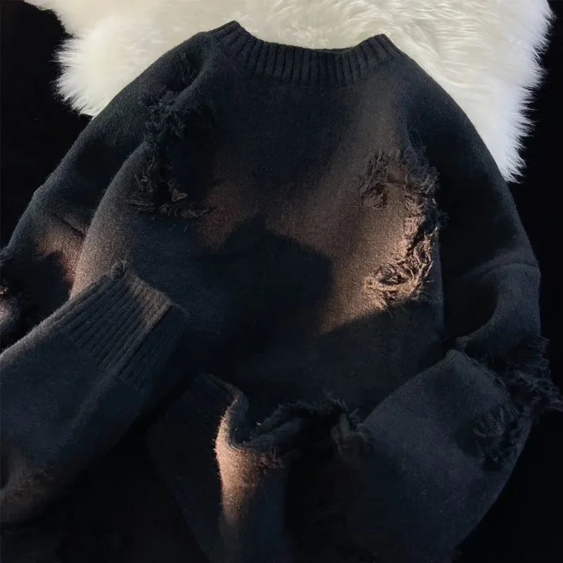Autumnand y2k Streetwear Men Retro Hole Fringed Sweater Loose Versatile Sweater For Men And Women Long Sleeve Sweater 240923