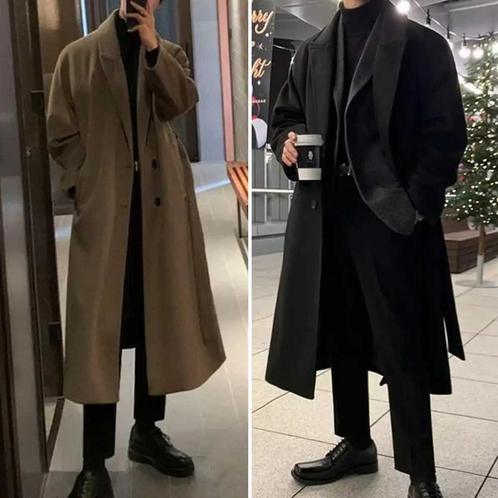 Mens wool coat Korean wool coat mens long wool coat with lapel pockets solid color windproof coat W241211