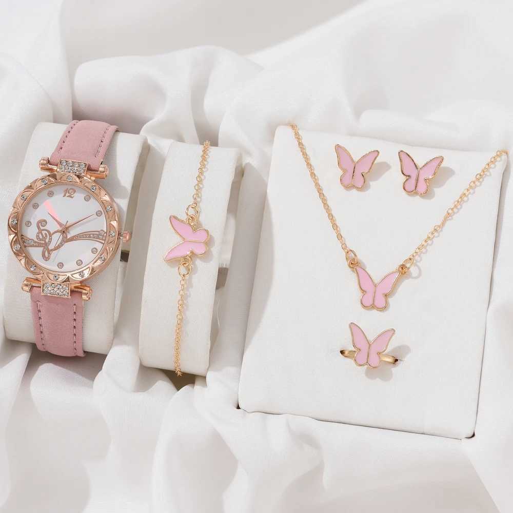 Luxury Watch Women Ring Necklace Earrings Bracelet Set Watches Butterfly Leather Strap Ladies Quartz WristWatch No BoxX240923