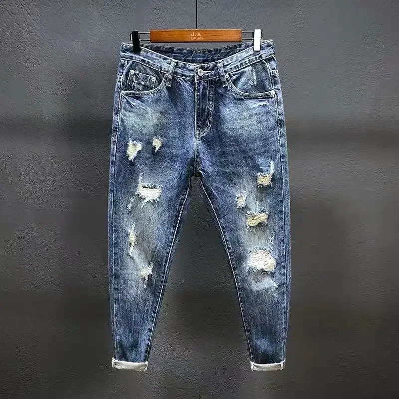 Tear open mens jeans with crack print hole pattern Trouser aesthetic tapered Harajuku classic handcart Xs mens jeans 240921