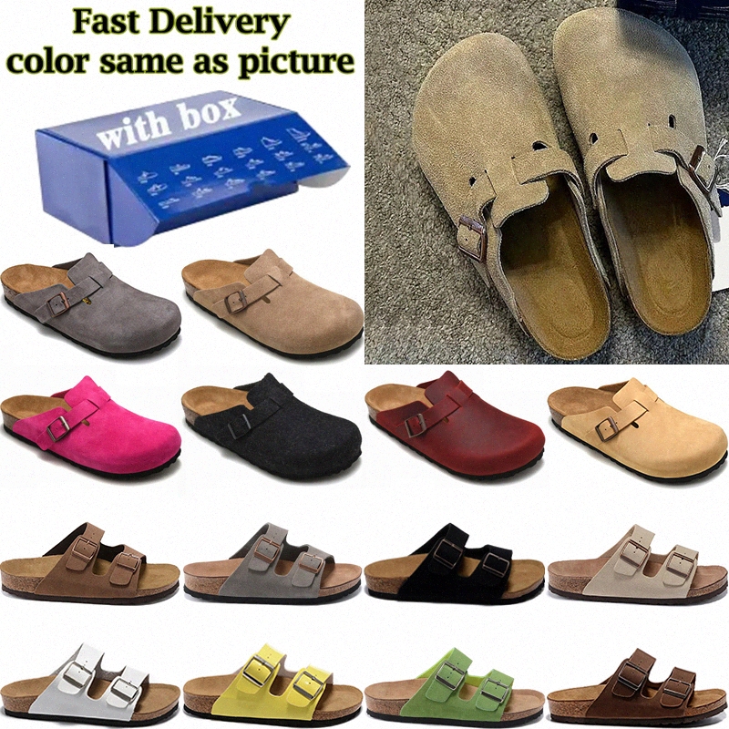 Designer Boston Clogs Mens Women Sandals Slippers Mules Cork Flat Soft Fluffy Fashion Suede Taupe Summer Leather Black Blue Grey Slide Beach Casual Shoes