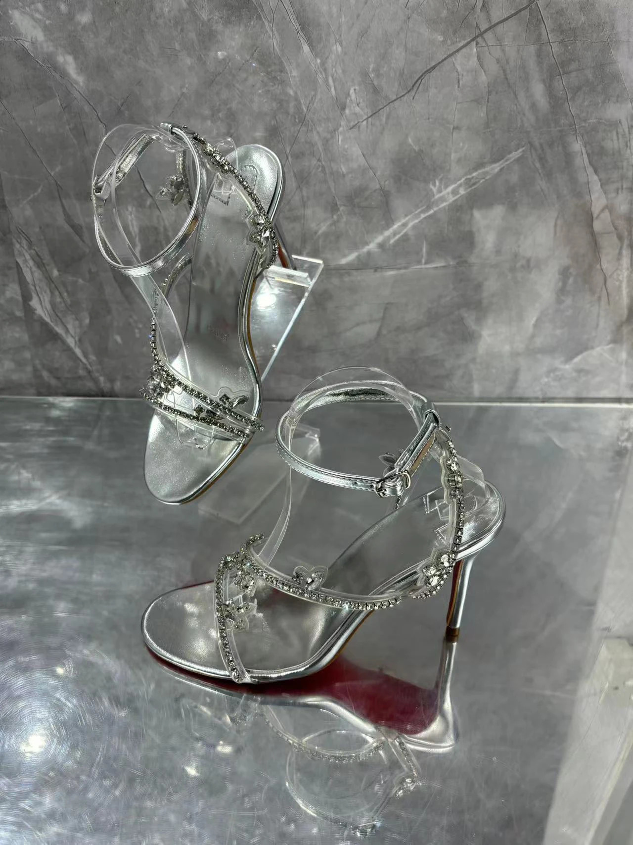 Womens thin highheeled sandals with crystal decoration and round toes womens buckle open collar summer silver 240919