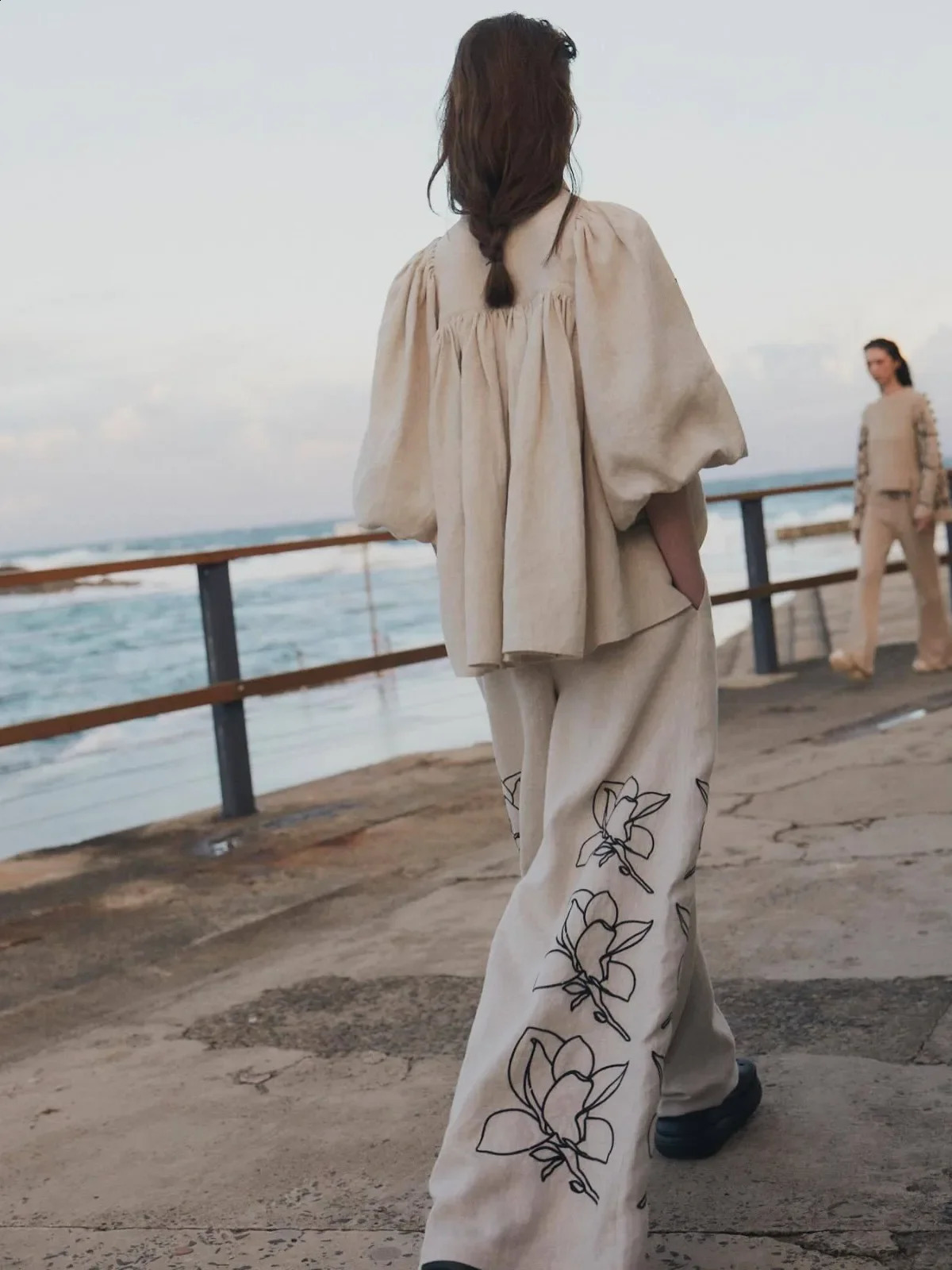 Cotton Sets Linen Stand Collar Lantern Sleeve Loose Flower Tops Wide Leg Oversize Wideleg Pants Summer Female Bubble Sleeve 240921