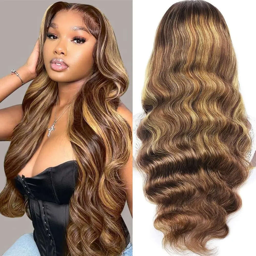 Highlight Body Wave 13x4 HD Front Human Hair Wigs For Women Honey Blonde Transparent Lace Frontal Wig