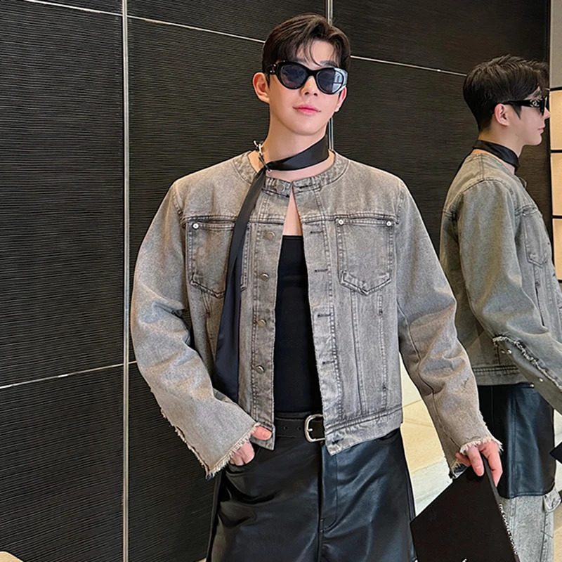 LUZHEN short wash burr rivet collarless jacket mens retro n streetwear Versatile casual top Coats LZ5389 240921