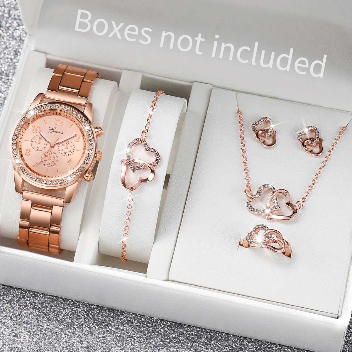 6PCS Set Rose Gold Luxury Watch Women Ring Necklace Earring Quartz Watch Double Heart Jewelry for Ladies Gift Set(Without Box)X240923