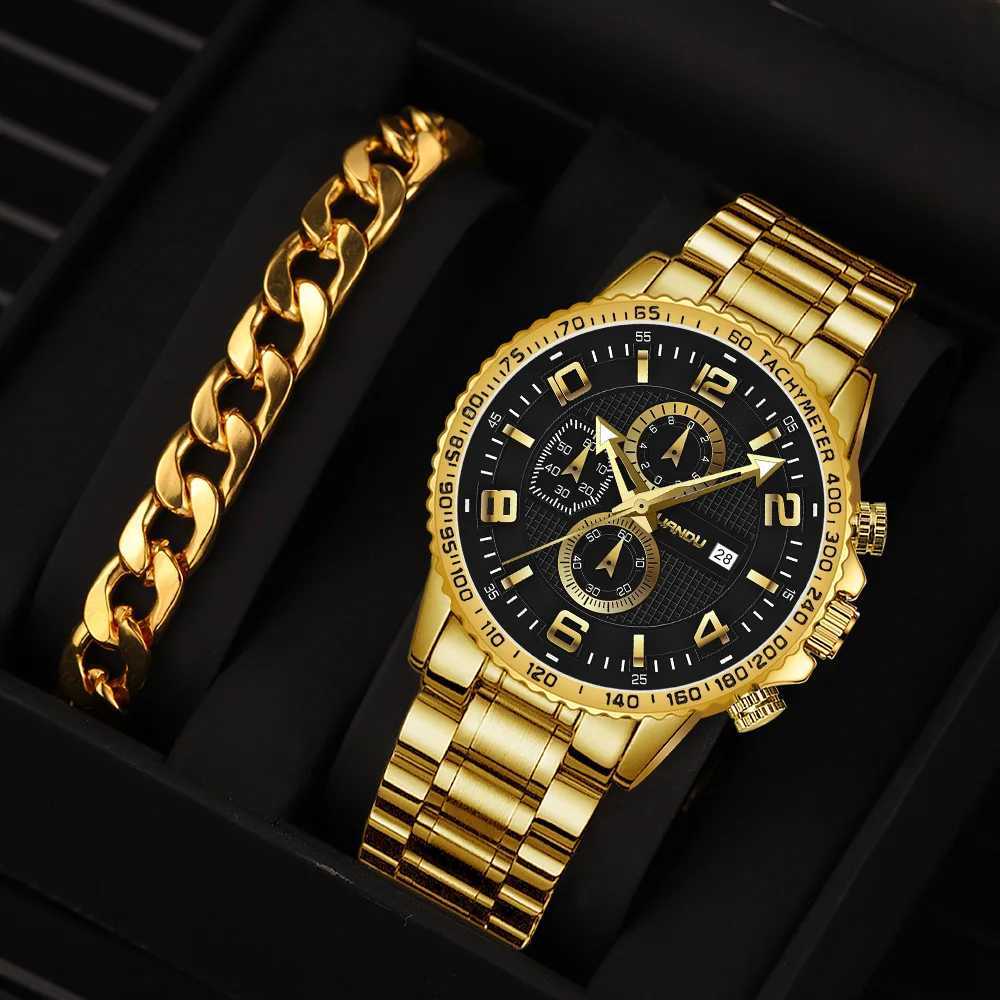 2-piece mens watch bracelet set luxury gold top fashion casual watch with calendar quartz watch Relogio Masculino W240923