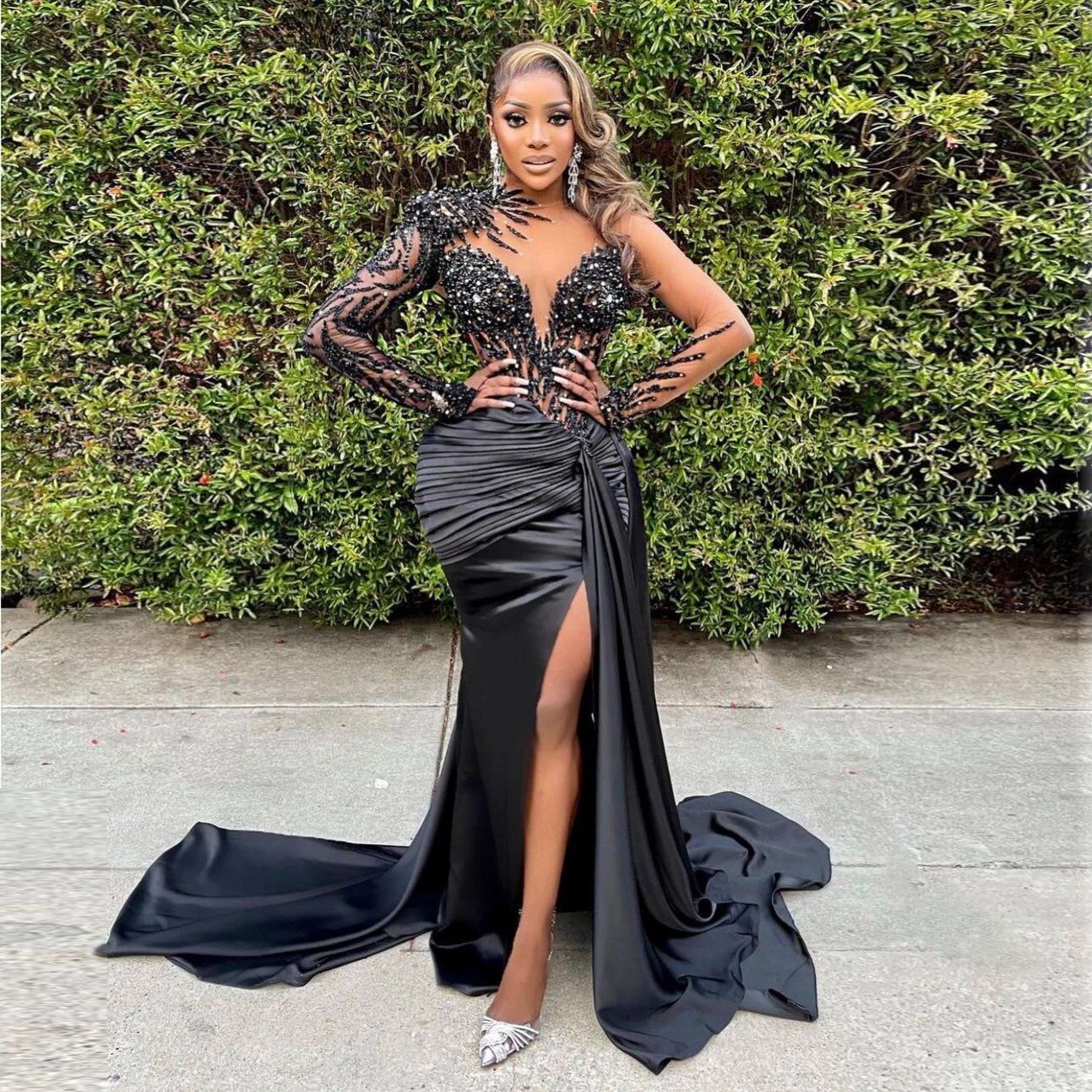 Beading African Dubai Arabic Evening Dresses 2024 Side Slit Crystals Mermaid Prom Dress Train Illusion Formal Party Gowns Plus size
