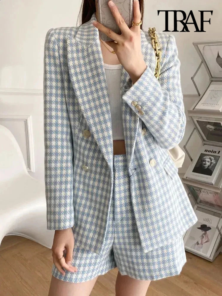 TRAF Women Fashion Houndstooth Double Breasted Tweed Blazer Coat Vintage Long Sleeve Flap Pocket Female Outerwear Chic Veste 240911