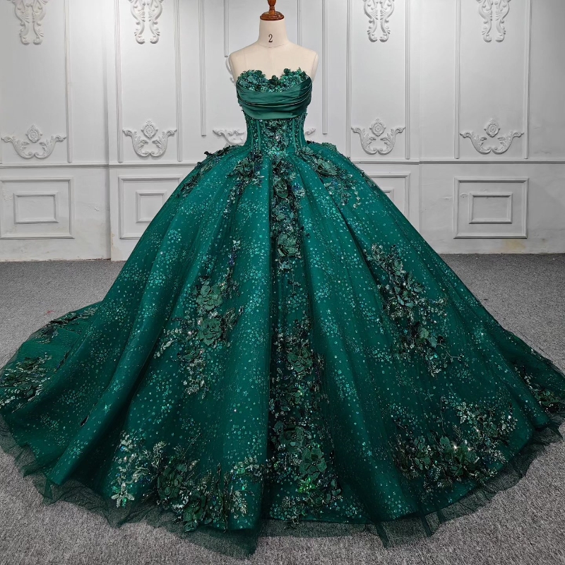 Blackish Green Ball Gown Quinceanera Dresses Off The Shoulder Sequined Appliques Flower Beads Crystal Tull Vestidos De 15 Anos Sweet 16 Dress