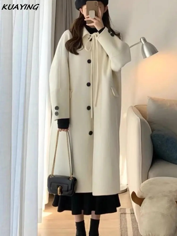 Korean Woolen Coat for Women Single Breasted Hepburn Style Loose Thickened Outerwear Overcoat Winter Female Clothes Warm Cloak 240918