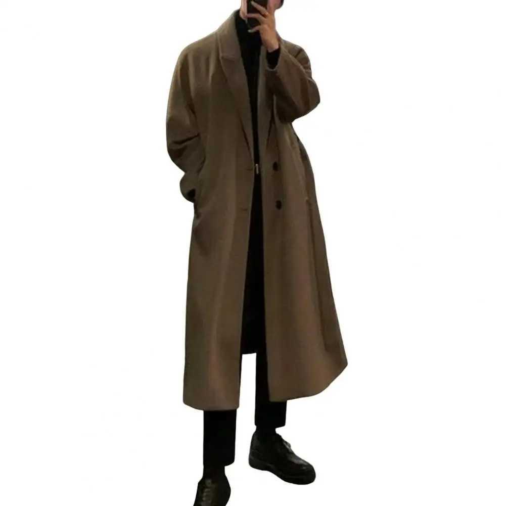 Mens wool coat Korean wool coat mens long wool coat with lapel pockets solid color windproof coat W241211