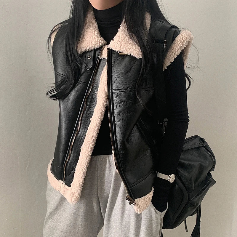 Vintage Pu Leather Vest Women Lamb Wool Sleeveless Jackets Black Waistcoat Winter Streetwear Motorcycle Coats Patchwork Outwear 240918