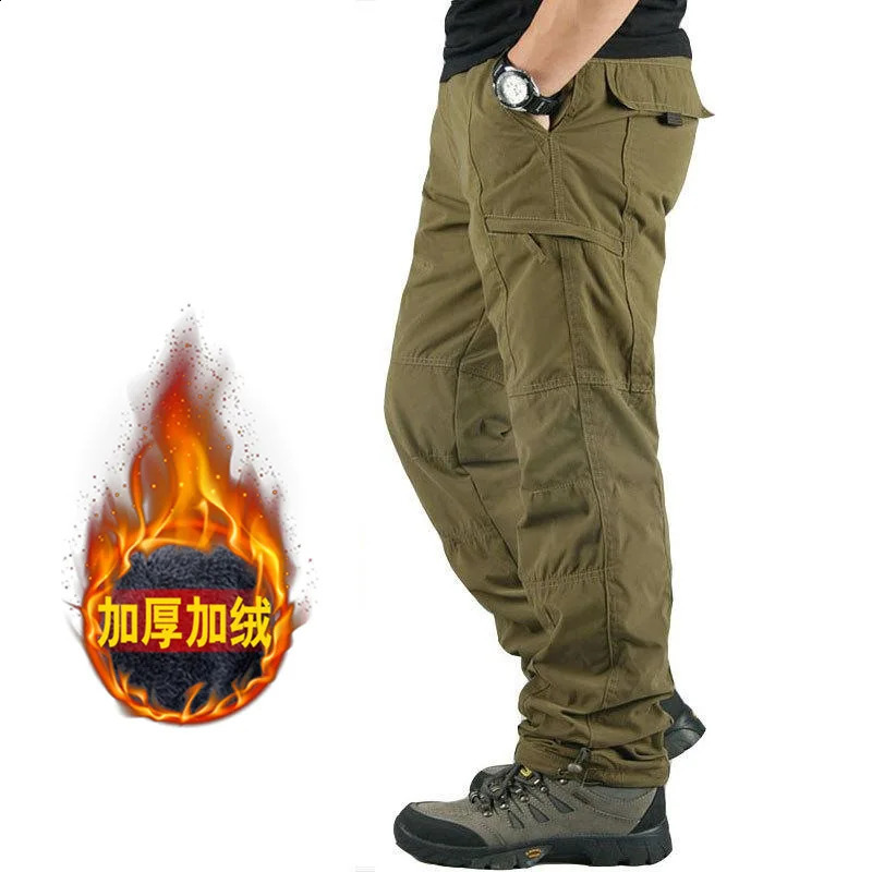 Winter Pants Men Double Layer Fleece Cargo Pants Waterproof Thicken Warm Baggy Work Long Trousers Man Tactical Pants Clothing 240911