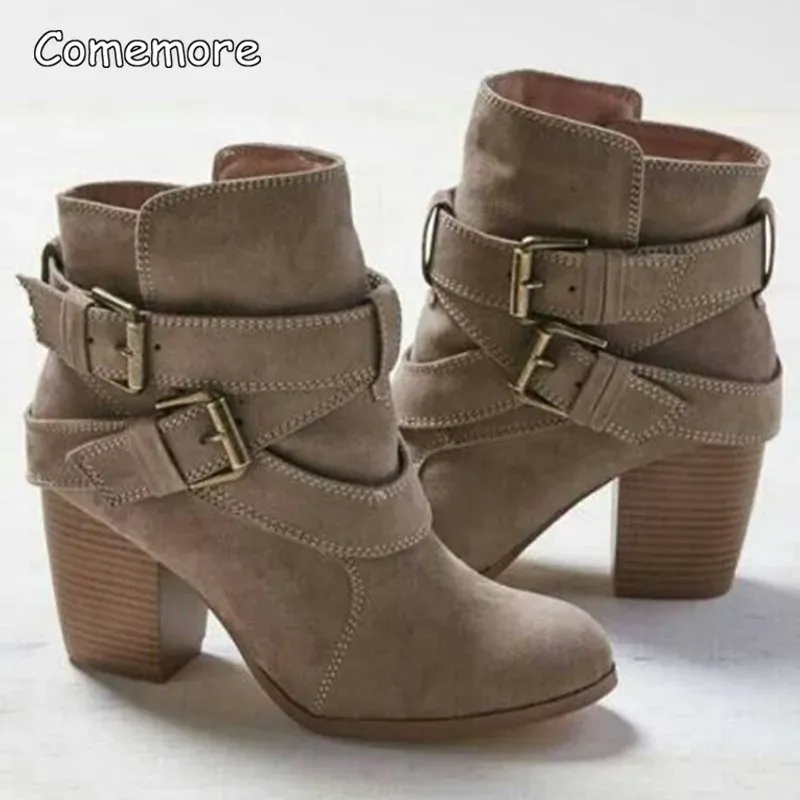 Buckle Casual Ladies Shoes Female Chelsea Short Boot Chunky Heel Autumn Footwear 2024 Vintage Women High Heels Ankle Boots