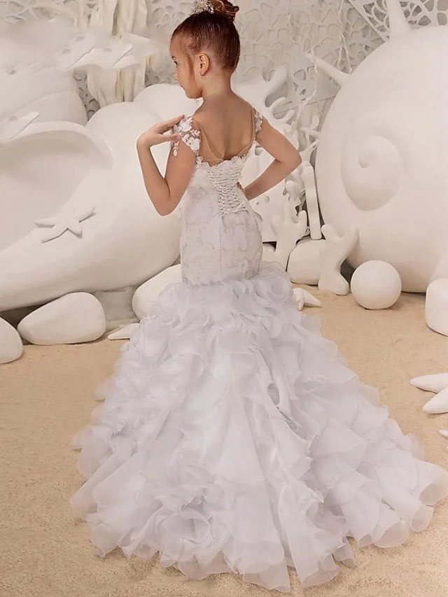 Dresses Girl Mermaid Flower For Wedding Floral Lace Appliques Short Sleeves Ruffles Junior Bridesmaid Gowns Sweep Train Little Girl Formal Party Dress
