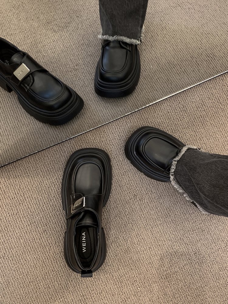 Casual Leather Slip-On Loafers for Women: Vintage Fashion, Height Boost, Black/Brown 1fa8