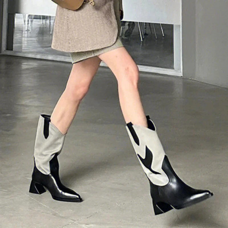 Boots Womens Retro Pointed Toe Totem Cowboy Boots Strange Heel Mixed Color Thick Sole Autumn Winter Women Shoes Western Style 240921