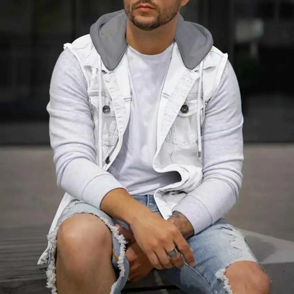 Autumn and winter mens vest jacket denim patch work hoodie waist jacket single chest brushed mens cargo vest W240923