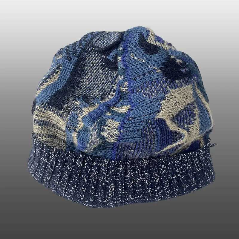 Beanie/Skull Caps 2023 Janese Style Contrast Color Stitching Knitted Hat High Street Knitted Hat For Men Retro Warm Hat Men Casual Knitted Hat J240923