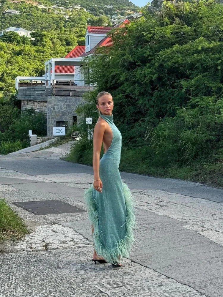 Bright Silk Feather Hem Patchwork Long Gowns Green Split Turtleneck Sleeveless Slim Dresses Women Irregular Elegant Party Robes 240921
