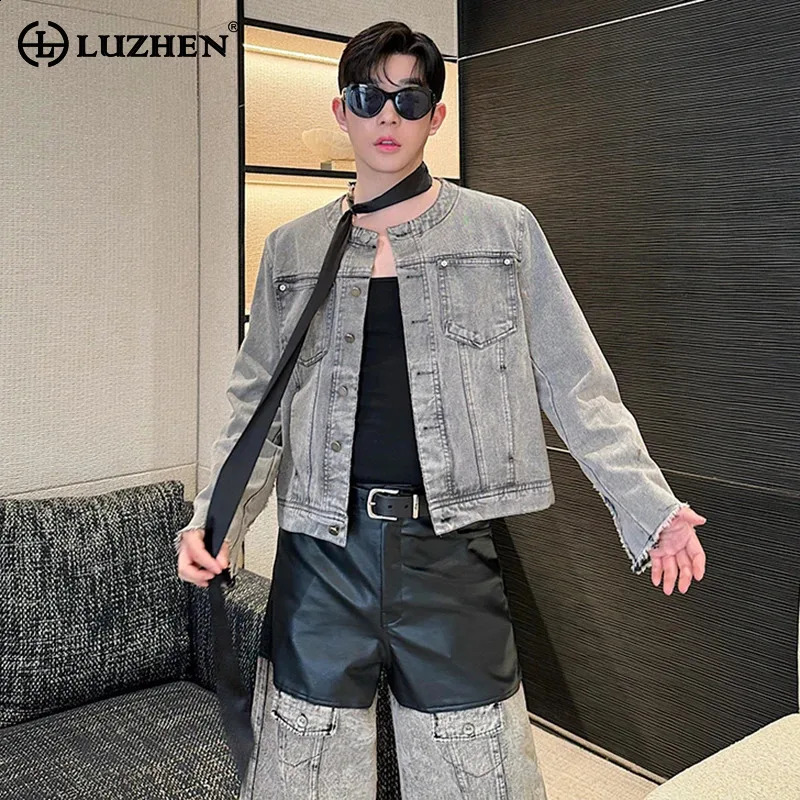 LUZHEN short wash burr rivet collarless jacket mens retro n streetwear Versatile casual top Coats LZ5389 240921
