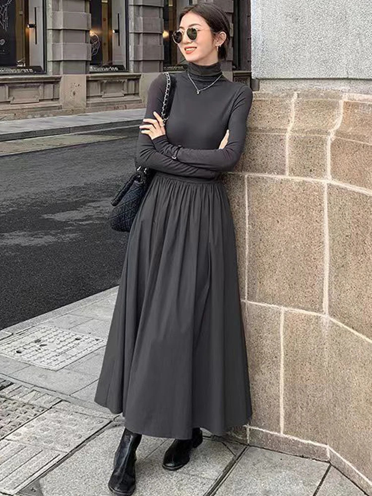 Autumn Winter Dress Women Elegant Long Sleeve Dresses Female Korean Fashion High Collar Long Dress Lady Vintage Chic Solid Robe 240913